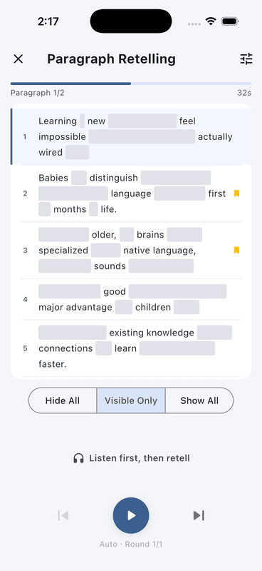 Echo Loop paragraph retelling - keyword prompts with three visibility levels